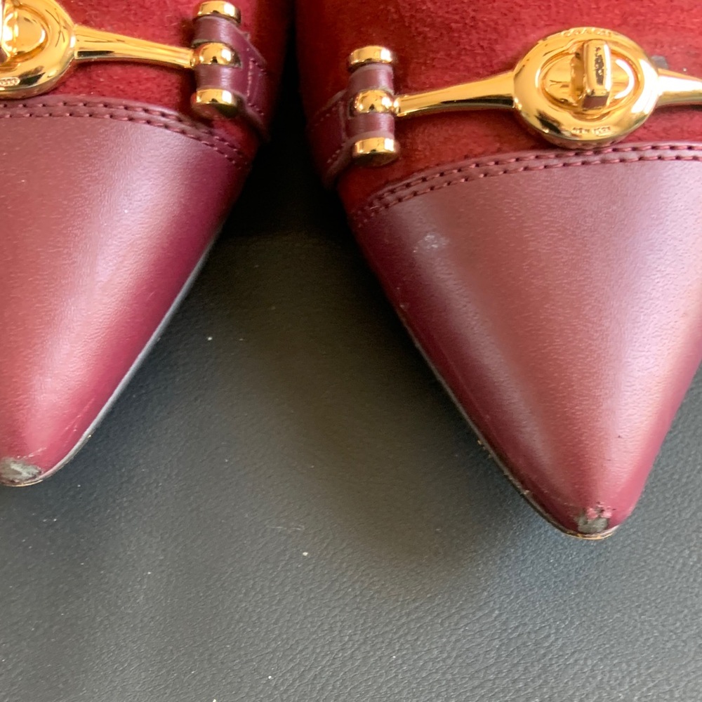 Coach Burgundy Suede Kitten Heels Gold Horsebit Pointed Toe 8B - Picture 6 of 8